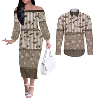 Hawaii Christmas In July Couples Matching Off The Shoulder Long Sleeve Dress and Long Sleeve Button Shirt Beige Mele Kalikimaka Sea Animals