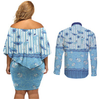 Hawaii Christmas In July Couples Matching Off Shoulder Short Dress and Long Sleeve Button Shirt Sky Blue Mele Kalikimaka Sea Animals