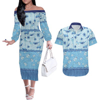 Hawaii Christmas In July Couples Matching Off The Shoulder Long Sleeve Dress and Hawaiian Shirt Sky Blue Mele Kalikimaka Sea Animals