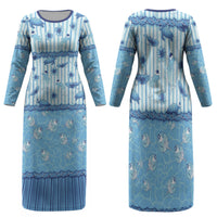 Hawaii Christmas In July Family Matching Long Sleeve Bodycon Dress and Hawaiian Shirt Sky Blue Mele Kalikimaka Sea Animals DT05 Mom's Dress Blue - Polynesian Pride