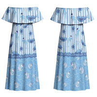 Hawaii Christmas In July Family Matching Off Shoulder Maxi Dress and Hawaiian Shirt Sky Blue Mele Kalikimaka Sea Animals DT05 Mom's Dress Blue - Polynesian Pride