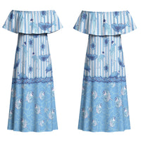 Hawaii Christmas In July Family Matching Off Shoulder Maxi Dress and Hawaiian Shirt Sky Blue Mele Kalikimaka Sea Animals DT05 Mom's Dress Blue - Polynesian Pride