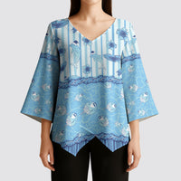 Hawaii Christmas In July Kimono Sleeve Blouse Sky Blue Mele Kalikimaka Sea Animals