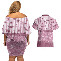 Hawaii Christmas In July Couples Matching Off Shoulder Short Dress and Hawaiian Shirt Dusty Pink Mele Kalikimaka Sea Animals