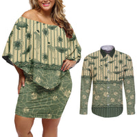 Hawaii Christmas In July Couples Matching Off Shoulder Short Dress and Long Sleeve Button Shirt Olive Green Mele Kalikimaka Sea Animals
