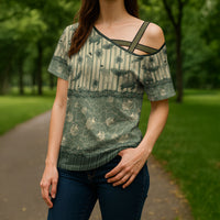 Hawaii Christmas In July Cross Shoulder Shirt Olive Green Mele Kalikimaka Sea Animals