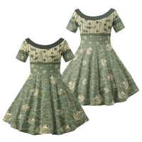 Hawaii Christmas In July Family Matching Off The Shoulder Long Sleeve Dress and Hawaiian Shirt Olive Green Mele Kalikimaka Sea Animals DT05 Daughter's Dress Green - Polynesian Pride
