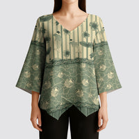 Hawaii Christmas In July Kimono Sleeve Blouse Olive Green Mele Kalikimaka Sea Animals