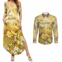 Hawaii Banana Seal Couples Matching Summer Maxi Dress and Long Sleeve Button Shirt Ilio Holo I Ka Uaua Aloha DT05 Yellow - Polynesian Pride