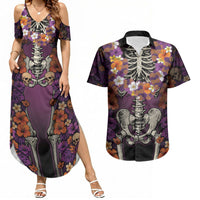Hawaii Halloween Couples Matching Summer Maxi Dress and Hawaiian Shirt Skeleton Bones Flower Lei Tropical Floral DT05 Black - Polynesian Pride