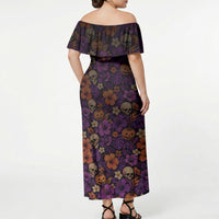 Hawaii Halloween Off Shoulder Maxi Dress Skeleton Bones Flower Lei Tropical Floral DT05 - Polynesian Pride