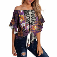 Hawaii Halloween Off Shoulder Wrap Waist Top Skeleton Bones Flower Lei Tropical Floral DT05 Black - Polynesian Pride