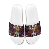 Hawaii Halloween Slide Sandals Skeleton Bones Flower Lei Tropical Floral DT05 Black - Polynesian Pride