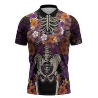 Hawaii Halloween Zipper Polo Shirt Skeleton Bones Flower Lei Tropical Floral DT05 Black - Polynesian Pride
