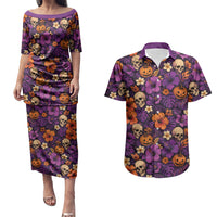 Hawaii Halloween Couples Matching Puletasi and Hawaiian Shirt Skeleton Pumpkin Hawaiian Flower Tribal DT05 Purple - Polynesian Pride