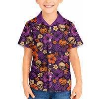 Hawaii Halloween Hawaiian Shirt Skeleton Pumpkin Hawaiian Flower Tribal DT05 - Polynesian Pride