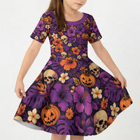 Hawaii Halloween Kid Short Sleeve Dress Skeleton Pumpkin Hawaiian Flower Tribal DT05 KID Purple - Polynesian Pride