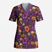 Hawaii Halloween Scrub Top Skeleton Pumpkin Hawaiian Flower Tribal DT05 Adult Purple - Polynesian Pride
