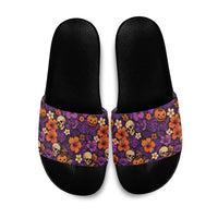 Hawaii Halloween Slide Sandals Skeleton Pumpkin Hawaiian Flower Tribal DT05 Purple - Polynesian Pride