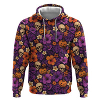 Hawaii Halloween Zip Hoodie Skeleton Pumpkin Hawaiian Flower Tribal DT05 Pullover Hoodie Purple - Polynesian Pride