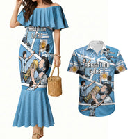 Custom Argentina Football Couples Matching Mermaid Dress and Hawaiian Shirt Goat Comic Style Sun Of May DT05 Blue - Polynesian Pride