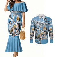Custom Argentina Football Couples Matching Mermaid Dress and Long Sleeve Button Shirt Goat Comic Style Sun Of May DT05 Blue - Polynesian Pride