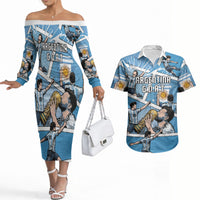 Custom Argentina Football Couples Matching Off The Shoulder Long Sleeve Dress and Hawaiian Shirt Goat Comic Style Sun Of May DT05 Blue - Polynesian Pride