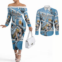 Custom Argentina Football Couples Matching Off The Shoulder Long Sleeve Dress and Long Sleeve Button Shirt Goat Comic Style Sun Of May DT05 Blue - Polynesian Pride