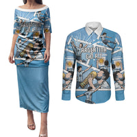 Custom Argentina Football Couples Matching Puletasi and Long Sleeve Button Shirt Goat Comic Style Sun Of May DT05 Blue - Polynesian Pride