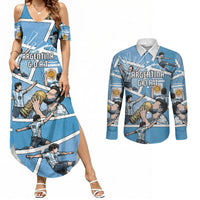 Custom Argentina Football Couples Matching Summer Maxi Dress and Long Sleeve Button Shirt Goat Comic Style Sun Of May DT05 Blue - Polynesian Pride