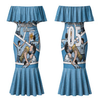 Custom Argentina Football Family Matching Mermaid Dress and Hawaiian Shirt Goat Comic Style Sun Of May DT05 Mom's Dress Blue - Polynesian Pride