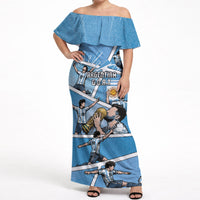 Custom Argentina Football Off Shoulder Maxi Dress Goat Comic Style Sun Of May DT05 Women Blue - Polynesian Pride