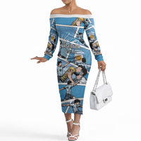 Custom Argentina Football Off The Shoulder Long Sleeve Dress Goat Comic Style Sun Of May DT05 Women Blue - Polynesian Pride