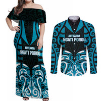 Custom Aotearoa Ngati Porou Couples Matching Off Shoulder Maxi Dress and Long Sleeve Button Shirt Maori Pattern New Zealand - Polynesian Pride