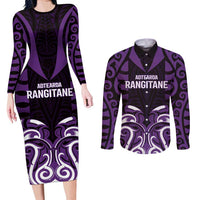 Custom Aotearoa Rangitane Couples Matching Long Sleeve Bodycon Dress and Long Sleeve Button Shirt Maori Pattern New Zealand DT05 Purple - Polynesian Pride