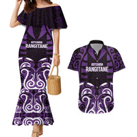 Custom Aotearoa Rangitane Couples Matching Mermaid Dress and Hawaiian Shirt Maori Pattern New Zealand DT05 Purple - Polynesian Pride