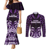 Custom Aotearoa Rangitane Couples Matching Mermaid Dress and Long Sleeve Button Shirt Maori Pattern New Zealand DT05 Purple - Polynesian Pride