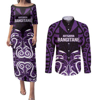 Custom Aotearoa Rangitane Couples Matching Puletasi and Long Sleeve Button Shirt Maori Pattern New Zealand DT05 Purple - Polynesian Pride