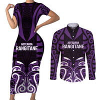 Custom Aotearoa Rangitane Couples Matching Short Sleeve Bodycon Dress and Long Sleeve Button Shirt Maori Pattern New Zealand DT05 Purple - Polynesian Pride