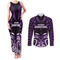 Custom Aotearoa Rangitane Couples Matching Tank Maxi Dress and Long Sleeve Button Shirt Maori Pattern New Zealand DT05 Purple - Polynesian Pride