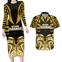 Custom Aotearoa Taranaki Couples Matching Long Sleeve Bodycon Dress and Hawaiian Shirt Maori Pattern New Zealand DT05 Yellow - Polynesian Pride