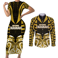 Custom Aotearoa Taranaki Couples Matching Short Sleeve Bodycon Dress and Long Sleeve Button Shirt Maori Pattern New Zealand DT05 Yellow - Polynesian Pride