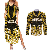 Custom Aotearoa Taranaki Couples Matching Summer Maxi Dress and Long Sleeve Button Shirt Maori Pattern New Zealand DT05 Yellow - Polynesian Pride