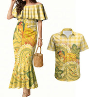 Hawaii Palaka Couples Matching Mermaid Dress and Hawaiian Shirt Cute Ripe Mango Turtle On The Waves DT05 Yellow - Polynesian Pride