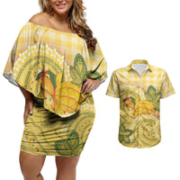 Hawaii Palaka Couples Matching Off Shoulder Short Dress and Hawaiian Shirt Cute Ripe Mango Turtle On The Waves DT05 Yellow - Polynesian Pride