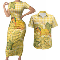 Hawaii Palaka Couples Matching Short Sleeve Bodycon Dress and Hawaiian Shirt Cute Ripe Mango Turtle On The Waves DT05 Yellow - Polynesian Pride