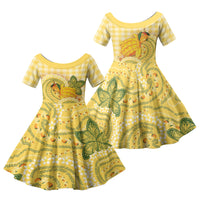 Hawaii Palaka Family Matching Off Shoulder Short Dress and Hawaiian Shirt Cute Ripe Mango Turtle On The Waves DT05 Daughter's Dress Yellow - Polynesian Pride