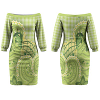 Hawaii Palaka Family Matching Off The Shoulder Long Sleeve Dress and Hawaiian Shirt Cute Green Mango Turtle On The Waves DT05 Mom's Dress Green - Polynesian Pride