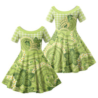 Hawaii Palaka Family Matching Off Shoulder Short Dress and Hawaiian Shirt Cute Green Mango Turtle On The Waves DT05 Daughter's Dress Green - Polynesian Pride