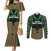 Custom Aotearoa Ngati Hine Couples Matching Mermaid Dress and Long Sleeve Button Shirt Maori Pattern New Zealand DT05 Green - Polynesian Pride